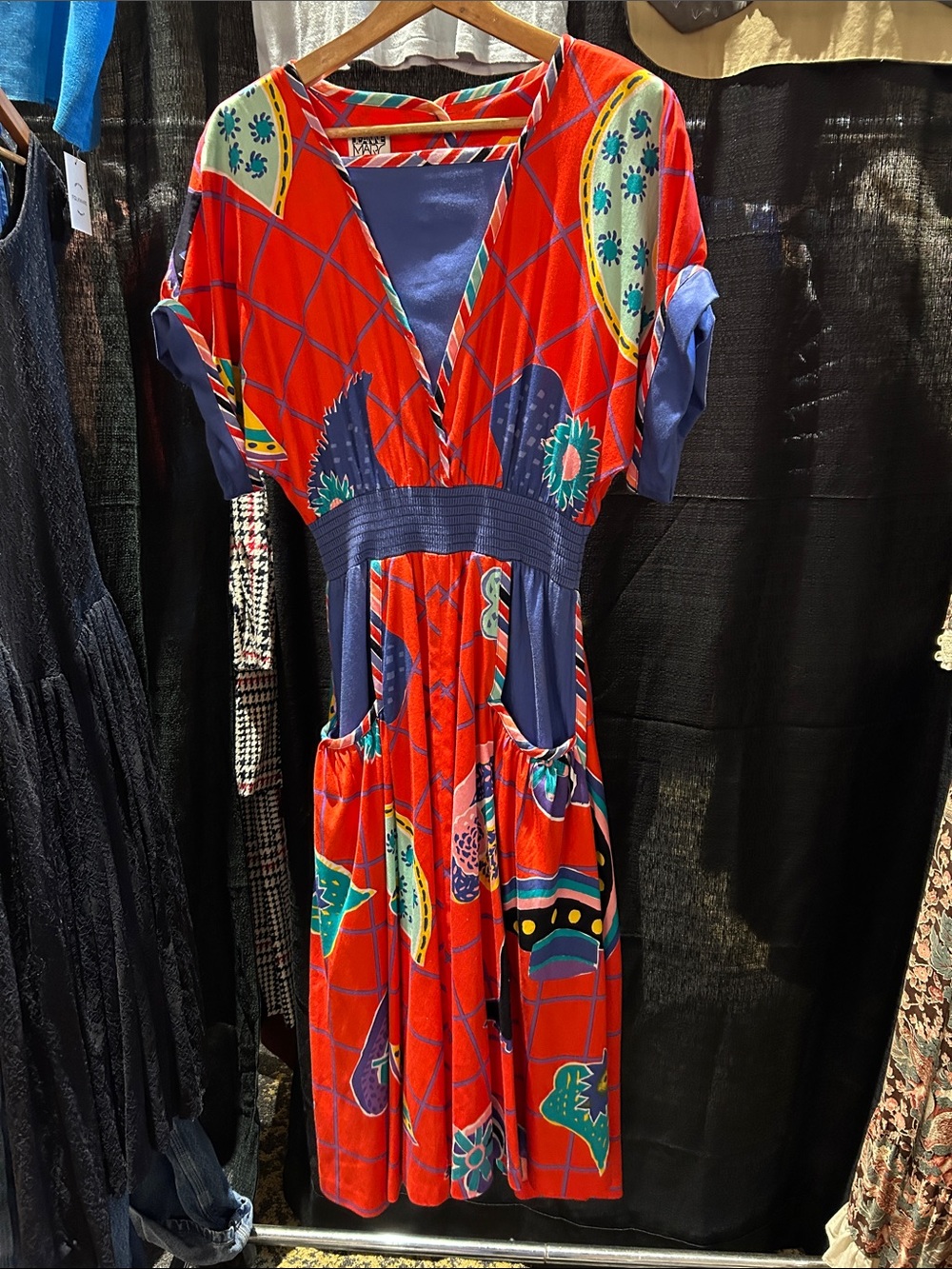 Women's Red Print Midi Dress with Deep Pockets, collector’s delight